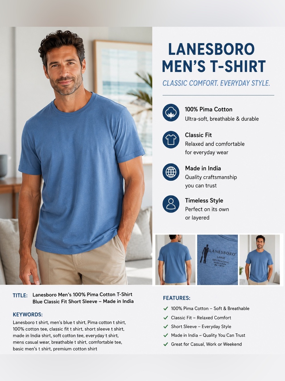 Lanesboro Men's Large 100% Pima Cotton T-Shirt Blue Classic Fit Short Sleeve
